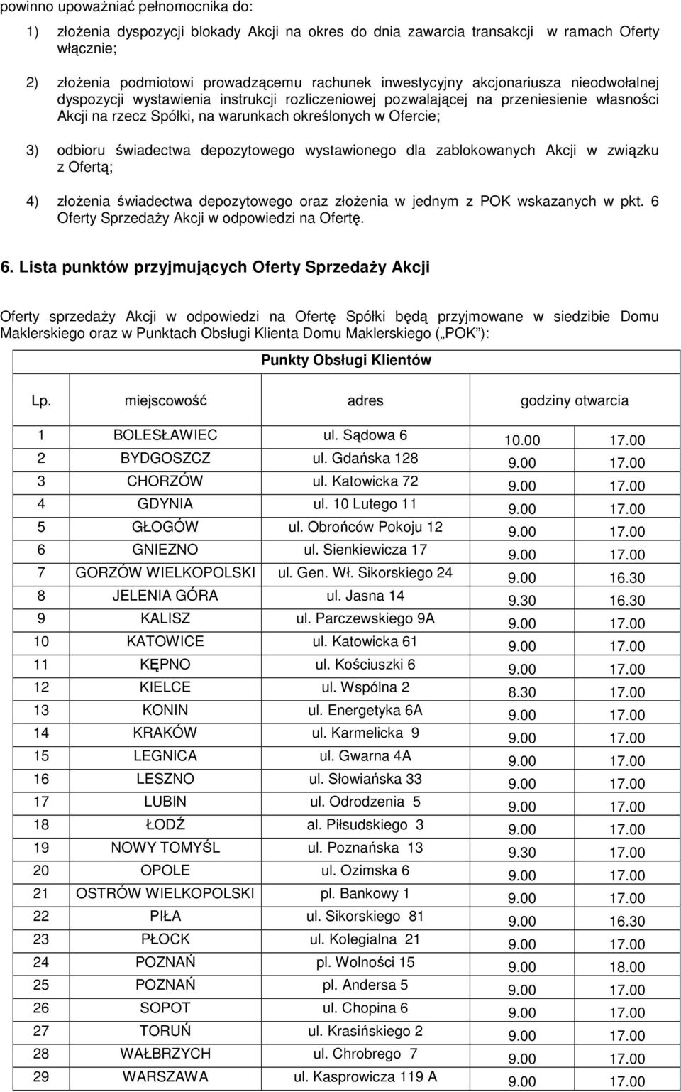 depozytowego wystawionego dla zablokowanych Akcji w związku z Ofertą; 4) złoŝenia świadectwa depozytowego oraz złoŝenia w jednym z POK wskazanych w pkt.