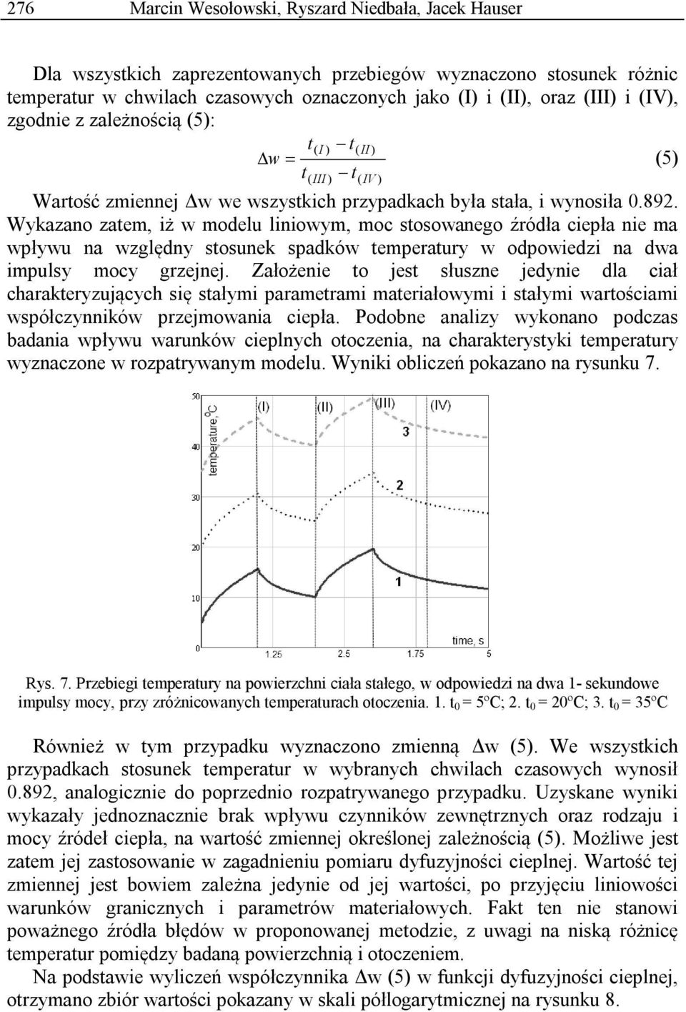 Wykazano zatem, iż w modelu liniowym, moc stosowanego źródła ciepła nie ma wpływu na względny stosunek spadków temperatury w odpowiedzi na dwa impulsy mocy grzejnej.