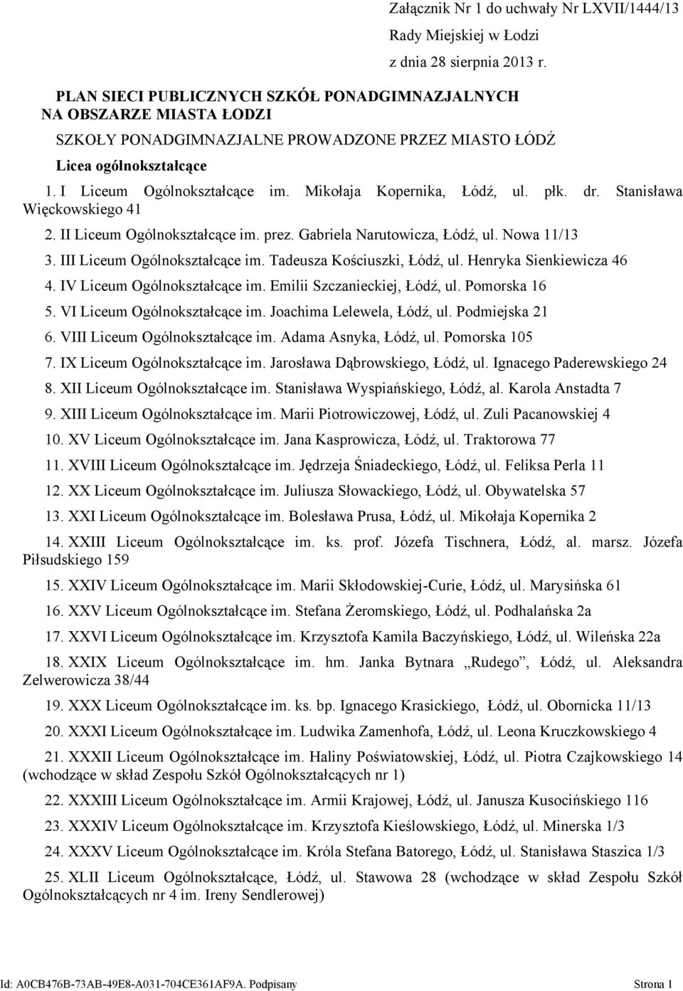 Mikołaja Kopernika, Łódź, ul. płk. dr. Stanisława Więckowskiego 41 2. II Liceum Ogólnokształcące im. prez. Gabriela Narutowicza, Łódź, ul. Nowa 11/13 3. III Liceum Ogólnokształcące im.