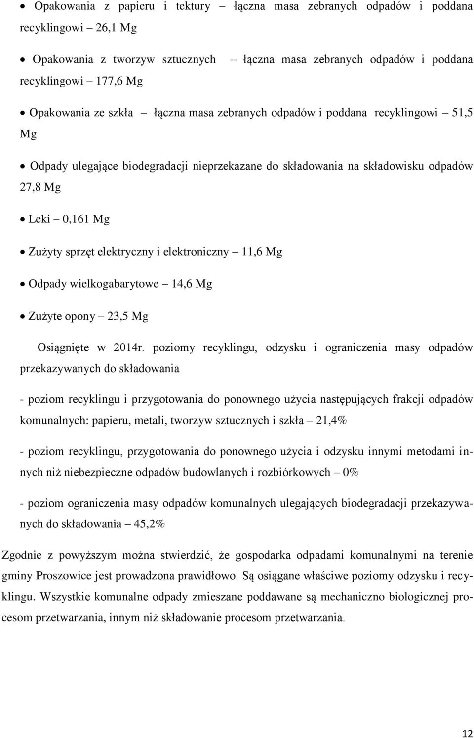 elektroniczny 11,6 Mg Odpady wielkogabarytowe 14,6 Mg Zużyte opony 23,5 Mg Osiągnięte w 2014r.