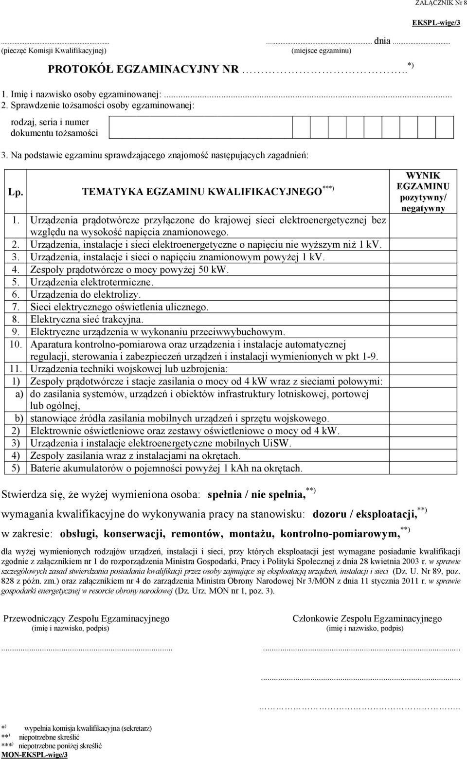 TEMATYKA EGZAMINU KWALIFIKACYJNEGO ***) WYNIK EGZAMINU pozytywny/ negatywny 1. Urządzenia prądotwórcze przyłączone do krajowej sieci elektroenergetycznej bez względu na wysokość napięcia znamionowego.