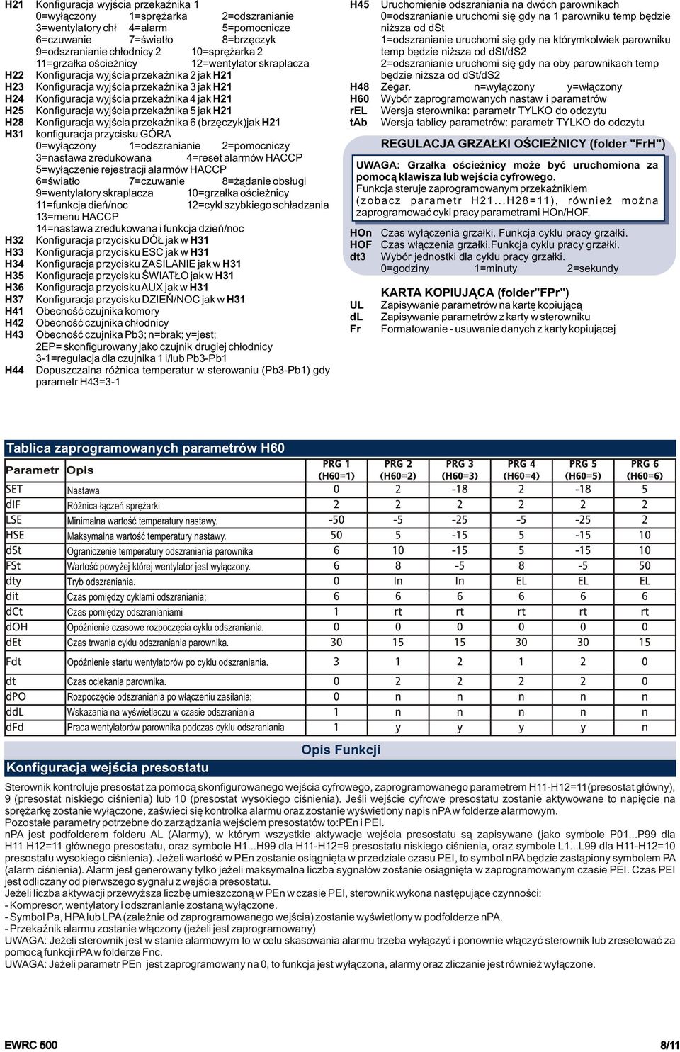 Konfiguracja wyjścia przekaźnika 5 jak H21 H28 Konfiguracja wyjścia przekaźnika 6 (brzęczyk)jak H21 H31 konfiguracja przycisku GÓRA 0=wyłączony 1=odszranianie 2=pomocniczy 3=nastawa zredukowana