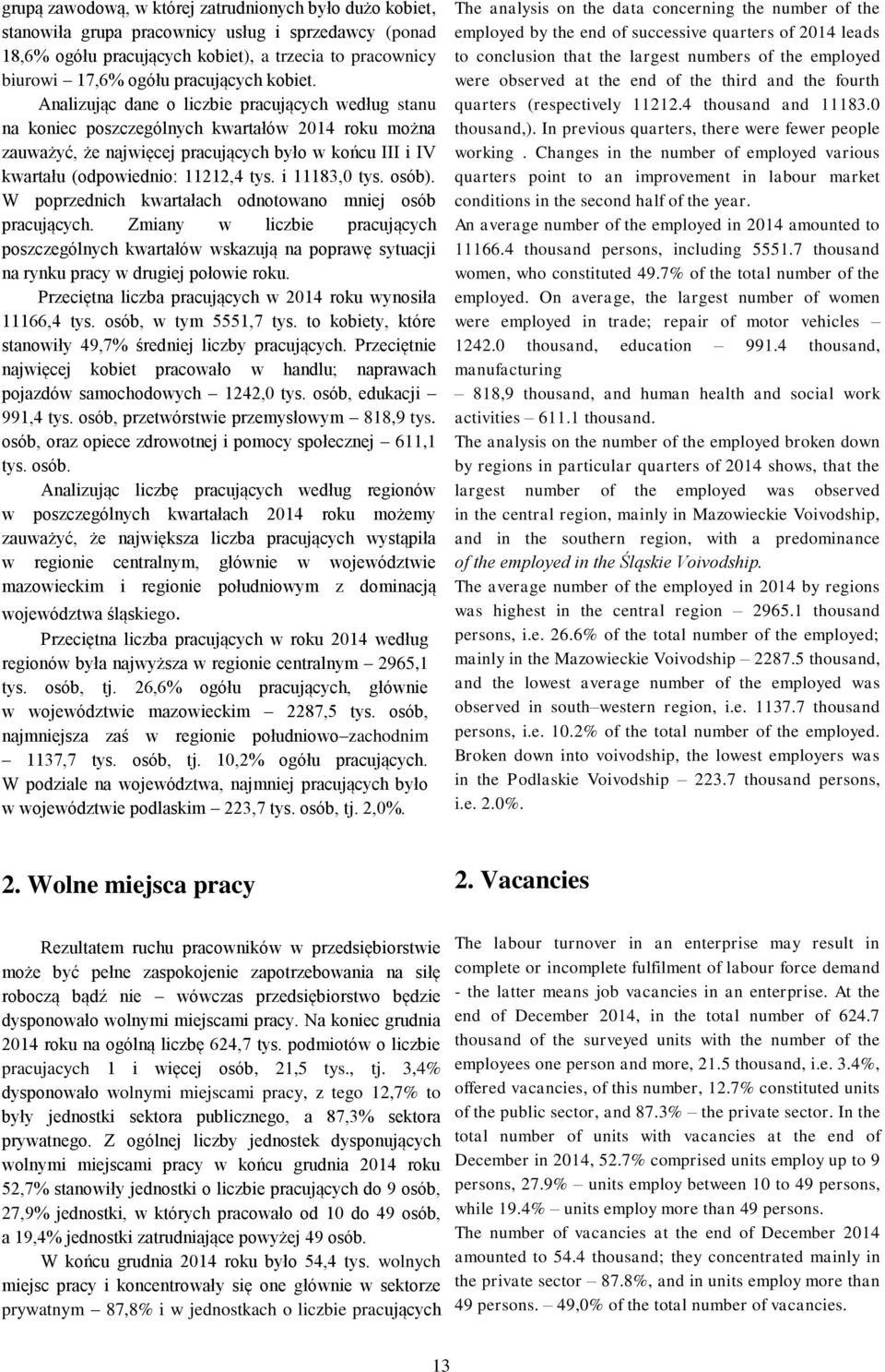 Analizując dane o liczbie pracujących według stanu na koniec poszczególnych kwartałów 2014 roku można zauważyć, że najwięcej pracujących było w końcu III i IV kwartału (odpowiednio: 11212,4 tys.