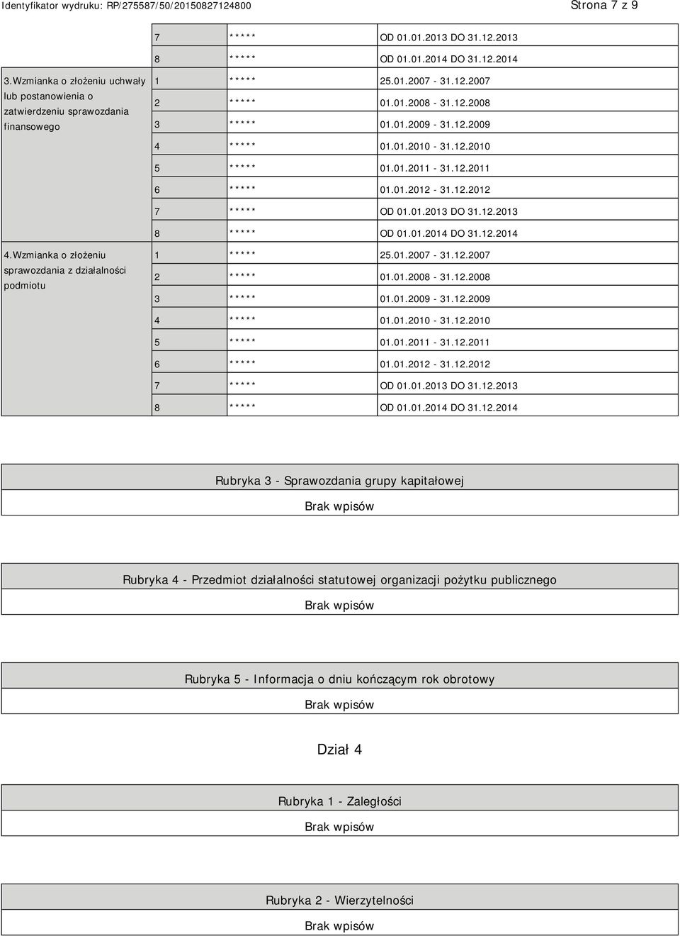 12.2014 4.Wzmianka o złożeniu sprawozdania z działalności podmiotu 1 ***** 25.01.2007-31.12.2007 2 ***** 01.12.2014 Rubryka 3 - Sprawozdania grupy kapitałowej Rubryka 4 - Przedmiot działalności