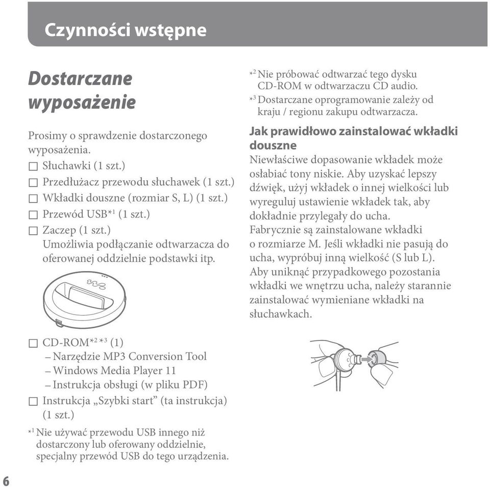 * 3 Dostarczane oprogramowanie zależy od kraju / regionu zakupu odtwarzacza. Jak prawidłowo zainstalować wkładki douszne Niewłaściwe dopasowanie wkładek może osłabiać tony niskie.