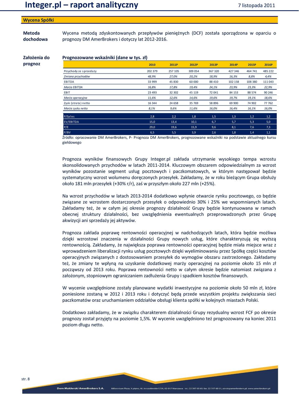zł) 2010 2011P 2012P 2013P 2014P 2015P 2016P Przychody ze sprzedaży 202 379 257 105 309 054 367 320 427346 464 741 485222 Zmiana przychodów 48,9% 27,0% 20,2% 18,9% 16,3% 8,8% 4,4% EBITDA 33999 45830