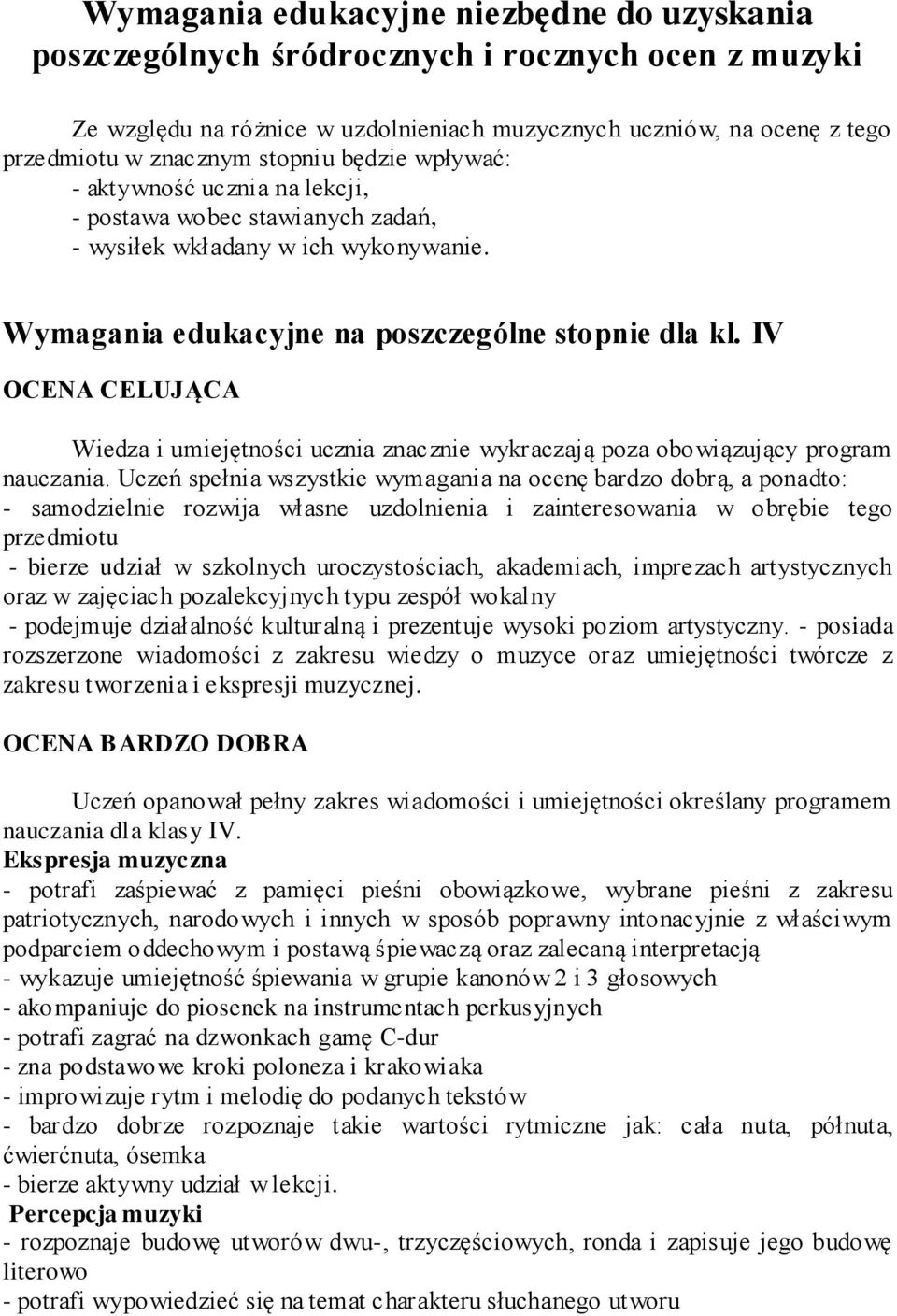 IV OCENA CELUJĄCA Wiedza i umiejętności ucznia znacznie wykraczają poza obowiązujący program nauczania.