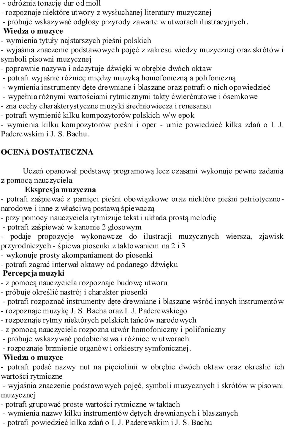 odczytuje dźwięki w obrębie dwóch oktaw - potrafi wyjaśnić różnicę między muzyką homofoniczną a polifoniczną - wymienia instrumenty dęte drewniane i blaszane oraz potrafi o nich opowiedzieć -