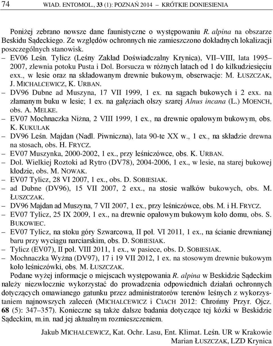 Borsucza w różnych latach od 1 do kilkudziesięciu exx., w lesie oraz na składowanym drewnie bukowym, obserwacje: M. ŁUSZCZAK, J. MICHALCEWICZ, K. URBAN. DV96 Dubne ad Muszyna, 17 VII 1999, 1 ex.