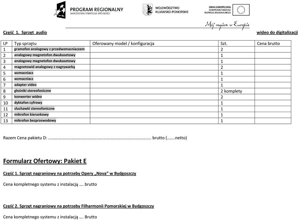 adapter video 8 głośniki stereofoniczne komplety 9 konwerter wideo 0 dyktafon cyfrowy słuchawki stereofoniczne mikrofon kierunkowy 3 mikrofon bezprzewodowy Razem Cena pakietu D:.