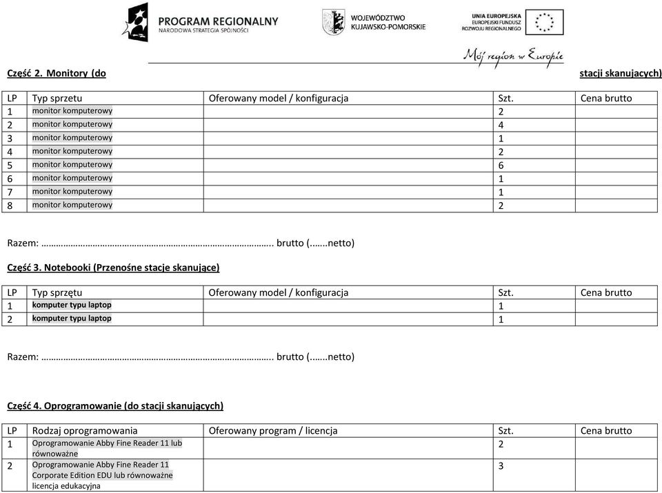 monitor komputerowy Część 3. Notebooki (Przenośne stacje skanujące) LP Typ sprzętu Oferowany model / konfiguracja Szt.