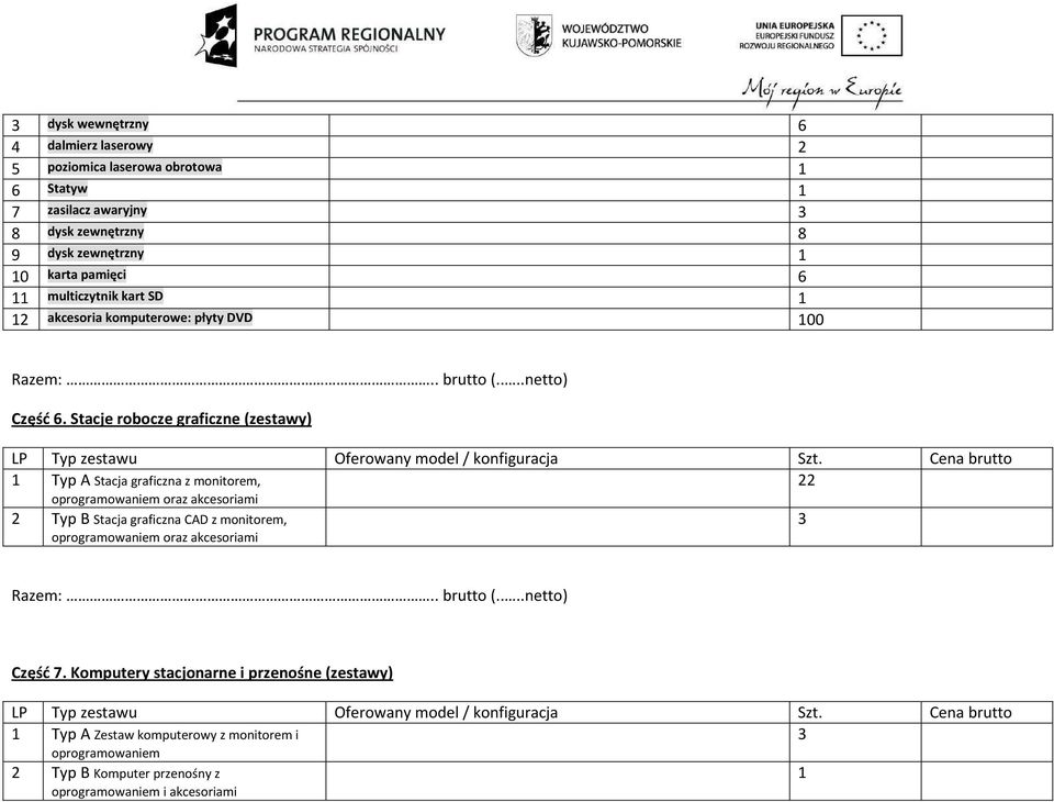 Cena brutto Typ A Stacja graficzna z monitorem, oprogramowaniem oraz akcesoriami Typ B Stacja graficzna CAD z monitorem, oprogramowaniem oraz akcesoriami 3 Część 7.