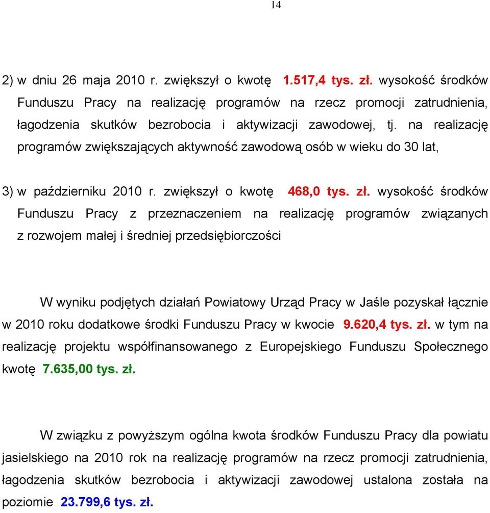 na realizację programów zwiększających aktywność zawodową osób w wieku do 30 lat, 3) w październiku 2010 r. zwiększył o kwotę 468,0 tys. zł.