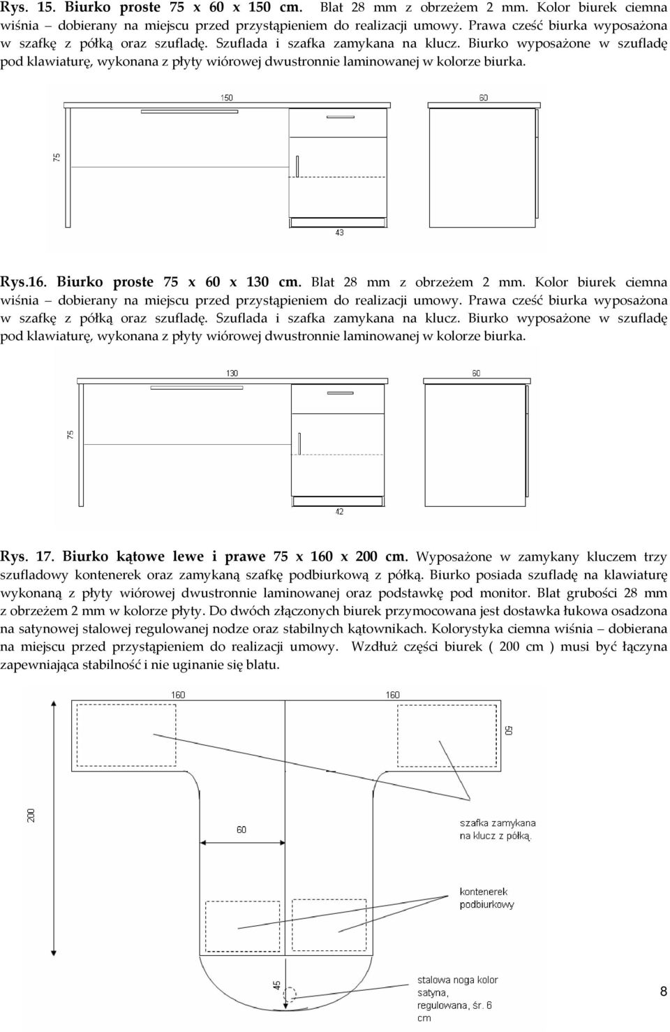 Biurko wyposażone w szufladę pod klawiaturę, wykonana z płyty wiórowej dwustronnie laminowanej w kolorze biurka. Rys.16. Biurko proste 75 x 60 x 130 cm. Blat 28 mm z obrzeżem 2 mm.