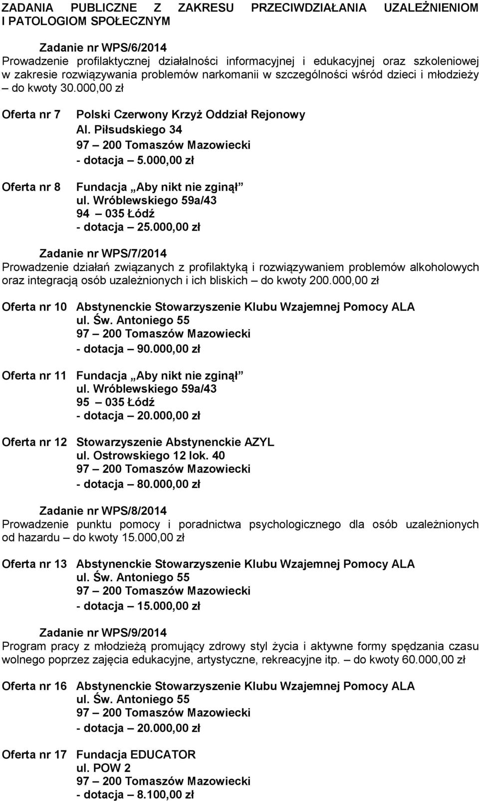 000,00 zł Fundacja Aby nikt nie zginął ul. Wróblewskiego 59a/43 94 035 Łódź - dotacja 25.