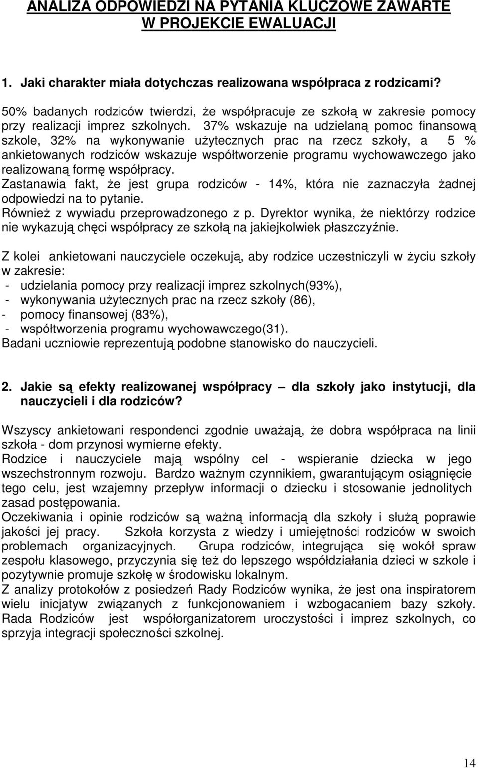 37% wskazuje na udzielaną pomoc finansową szkole, 32% na wykonywanie użytecznych prac na rzecz szkoły, a 5 % ankietowanych rodziców wskazuje współtworzenie programu wychowawczego jako realizowaną