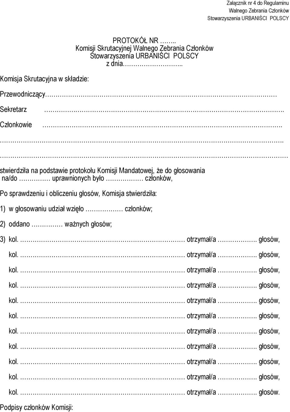 głosowania na/do uprawnionych było członków, Po sprawdzeniu i obliczeniu głosów, Komisja stwierdziła: 1)