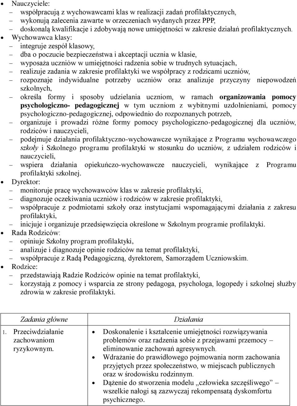 Wychowawca klasy: integruje zespół klasowy, dba o poczucie bezpieczeństwa i akceptacji ucznia w klasie, wyposaża uczniów w umiejętności radzenia sobie w trudnych sytuacjach, realizuje zadania w