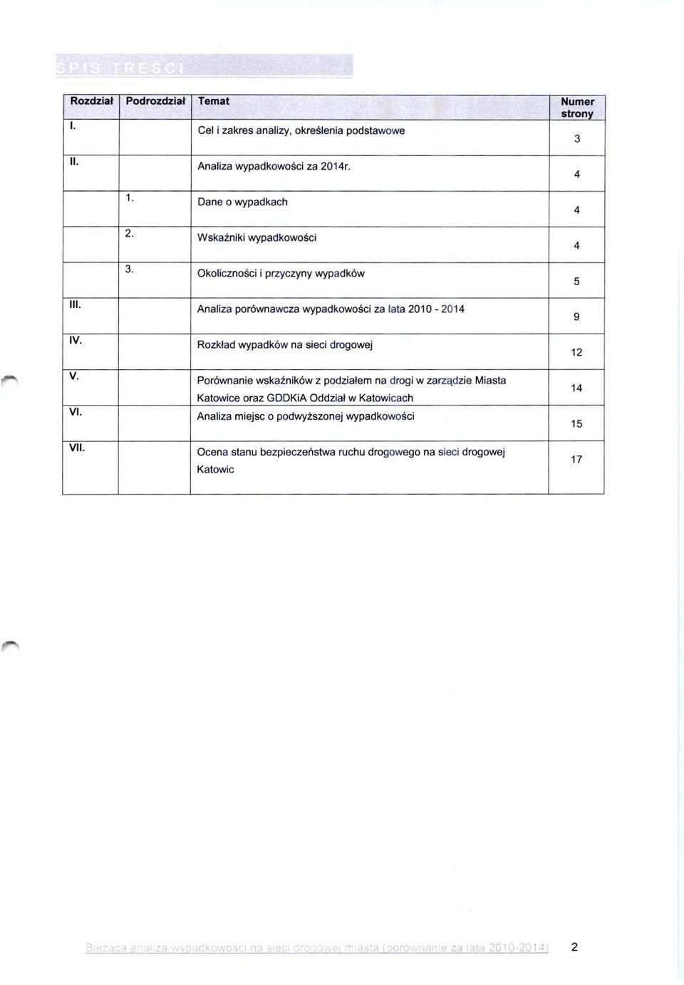 Okoliczno ści i przyczyny wypadków Analiza porównawcza wypadkowo ści za lata 2010-2014 Rozk ład wypadków na sieci drogowej Porównanie wska źników z podzia łem na