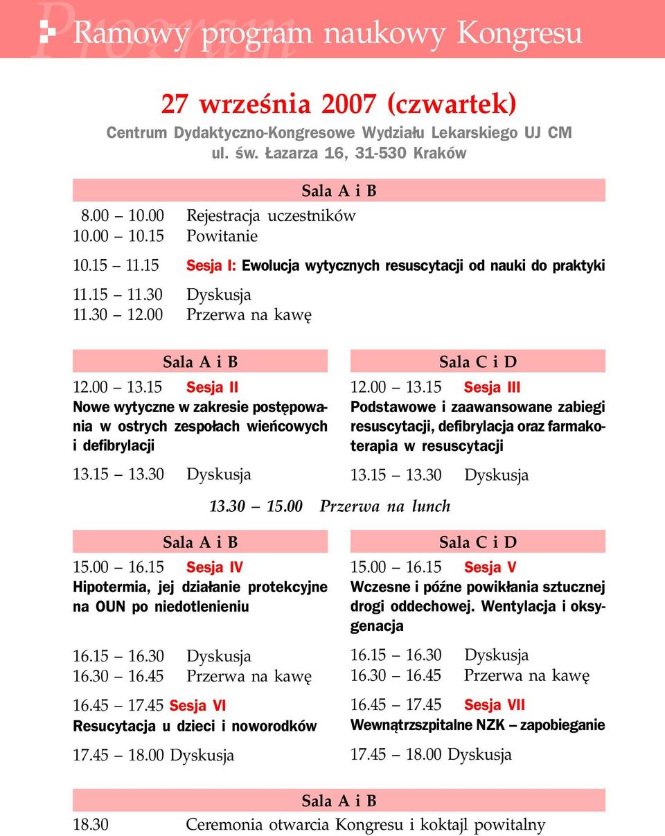 15 Sesja II Nowe wytyczne w zakresie postêpowania w ostrych zespo³ach wieñcowych i defibrylacji 13.15 13.30 Dyskusja Sala C i D 12.00 13.