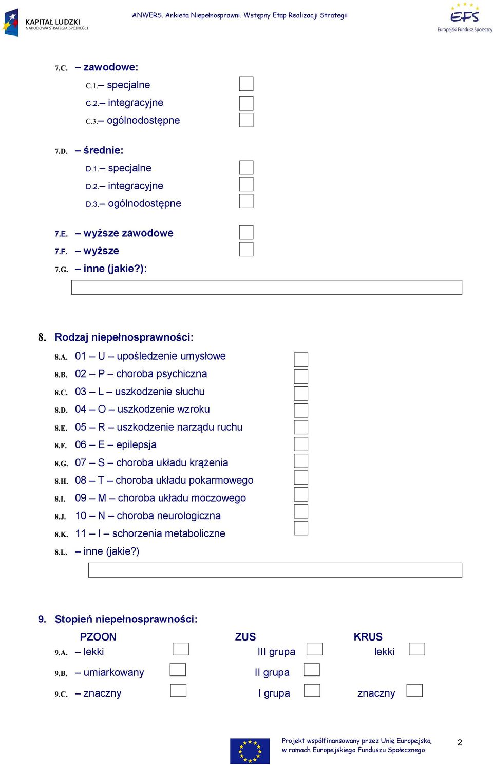 01 U upośledzenie umysłowe 02 P choroba psychiczna 03 L uszkodzenie słuchu 04 O uszkodzenie wzroku 05 R uszkodzenie narządu ruchu 06 E epilepsja 07 S choroba układu krążenia 08 T