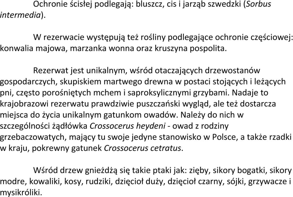 Rezerwat jest unikalnym, wśród otaczających drzewostanów gospodarczych, skupiskiem martwego drewna w postaci stojących i leżących pni, często porośniętych mchem i saproksylicznymi grzybami.