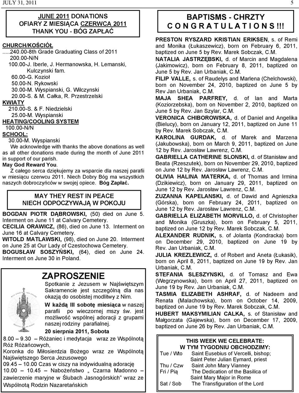 00-N/N SCHOOL: 30.00-M. Wyspianski We acknowledge with thanks the above donations as well as all other donations made during the month of June 2011 in support of our parish. May God Reward You.