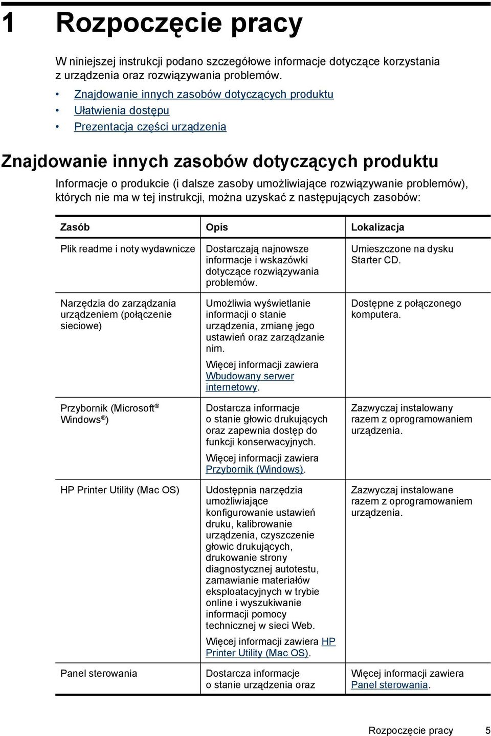 rozwiązywanie problemów), których nie ma w tej instrukcji, można uzyskać z następujących zasobów: Zasób Opis Lokalizacja Plik readme i noty wydawnicze Narzędzia do zarządzania urządzeniem (połączenie