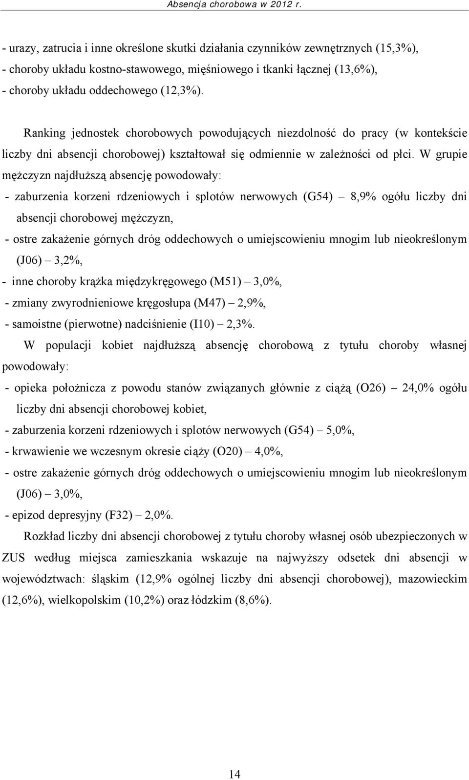 Ranking jednostek chorobowych powodujących niezdolność do pracy (w kontekście liczby dni absencji chorobowej) kształtował się odmiennie w zależności od płci.