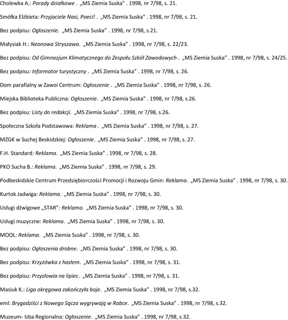 Bez podpisu: Informator turystyczny. MS Ziemia Suska. 1998, nr 7/98, s. 26. Dom parafialny w Zawoi Centrum: Ogłoszenie. MS Ziemia Suska. 1998, nr 7/98, s. 26. Miejska Biblioteka Publiczna: Ogłoszenie.