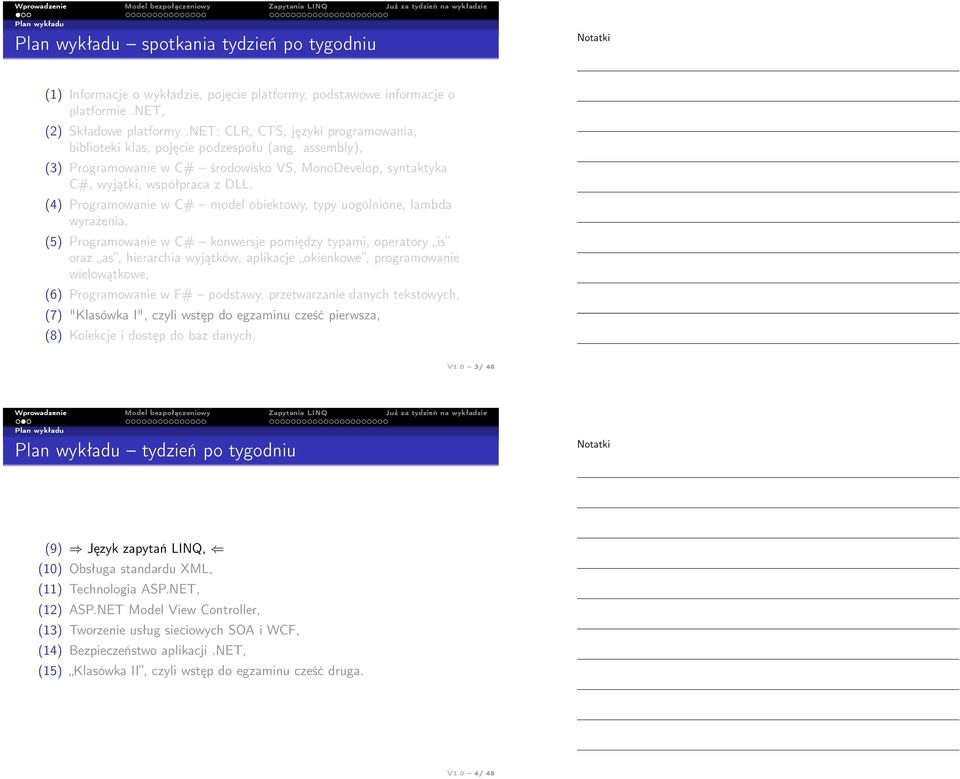 assembly), (3) Programowanie w C# środowisko VS, MonoDevelop, syntaktyka C#, wyjątki, współpraca z DLL, (4) Programowanie w C# model obiektowy, typy uogólnione, lambda wyrażenia, (5) Programowanie w