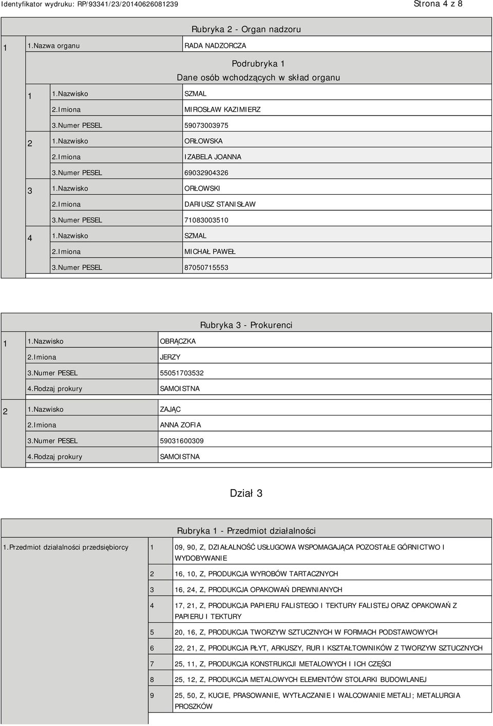 Numer PESEL 87050715553 Rubryka 3 - Prokurenci 1 1.Nazwisko OBRĄCZKA JERZY 3.Numer PESEL 55051703532 4.Rodzaj prokury SAMOISTNA 2 1.Nazwisko ZAJĄC ANNA ZOFIA 3.Numer PESEL 59031600309 4.