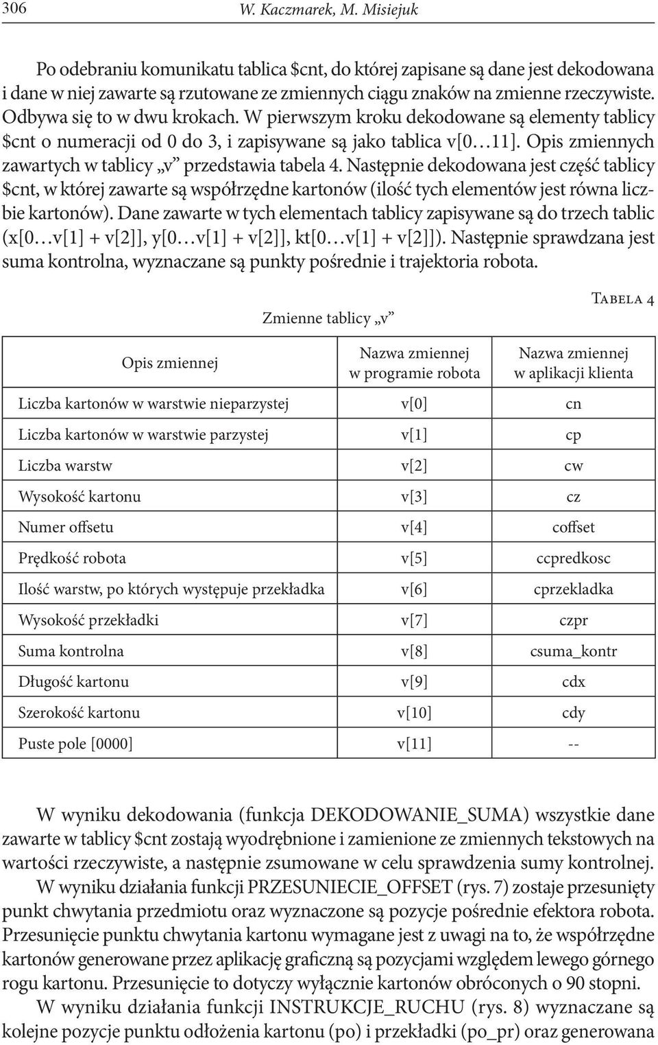 Opis zmiennych zawartych w tablicy v przedstawia tabela 4. Następnie dekodowana jest część tablicy $cnt, w której zawarte są współrzędne kartonów (ilość tych elementów jest równa liczbie kartonów).