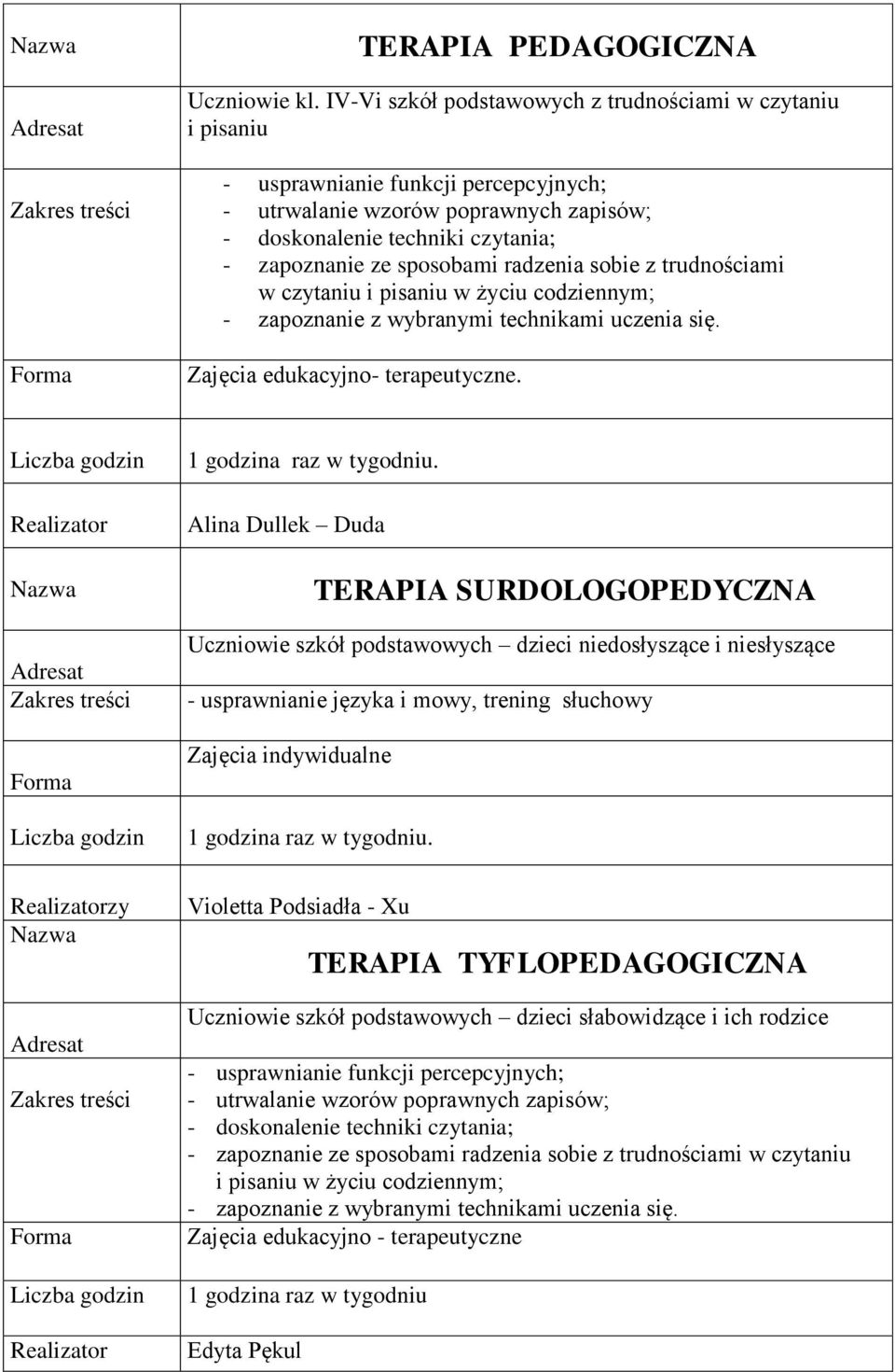 radzenia sobie z trudnościami w czytaniu i pisaniu w życiu codziennym; - zapoznanie z wybranymi technikami uczenia się. Zajęcia edukacyjno- terapeutyczne. 1 godzina raz w tygodniu.