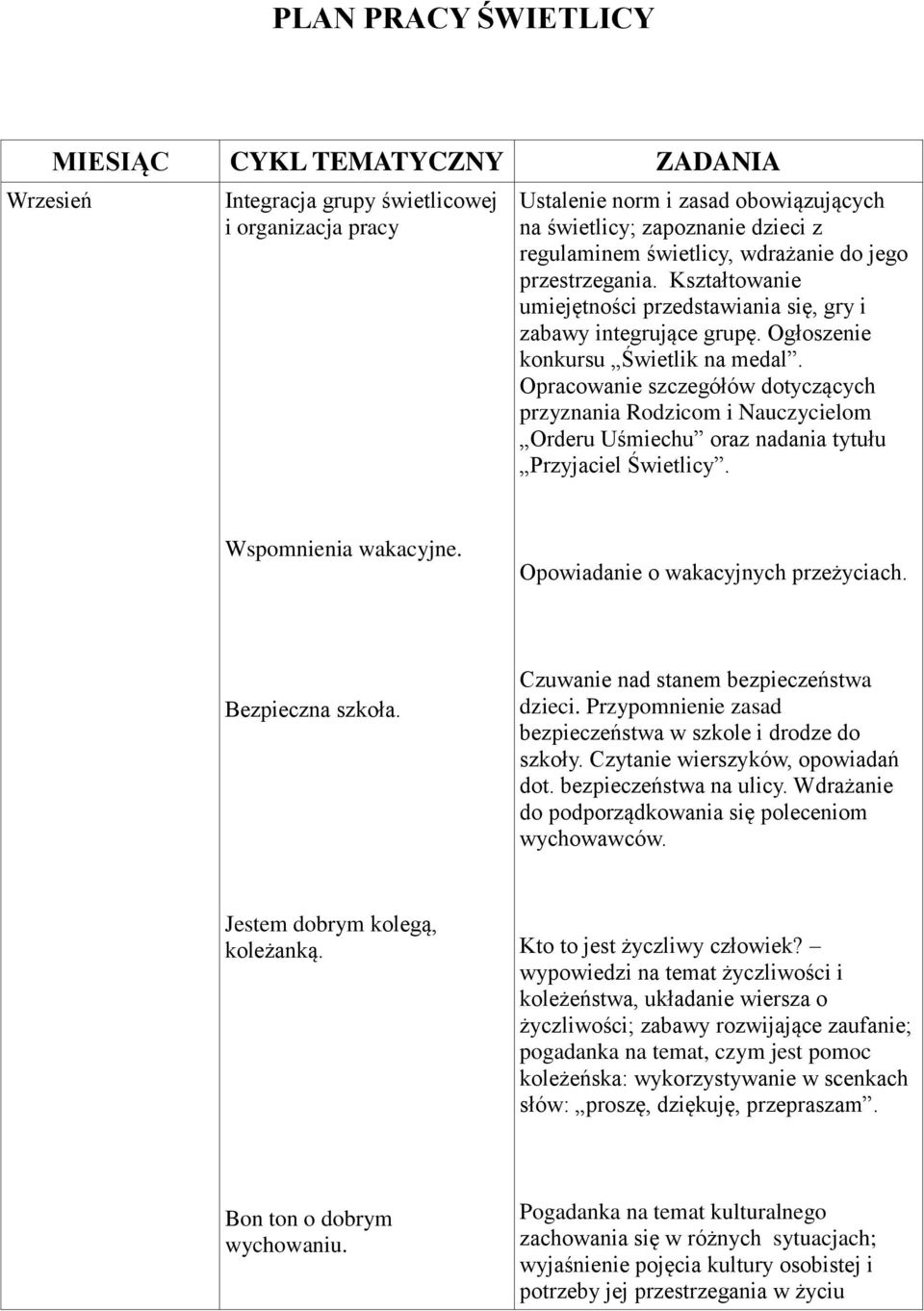 Opracowanie szczegółów dotyczących przyznania Rodzicom i Nauczycielom Orderu Uśmiechu oraz nadania tytułu Przyjaciel Świetlicy. Wspomnienia wakacyjne. Opowiadanie o wakacyjnych przeżyciach.