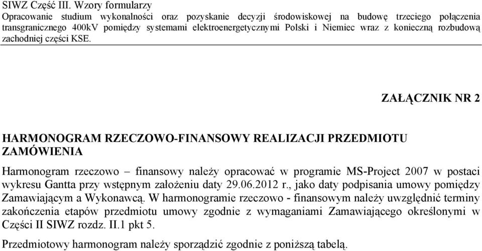 MS-Project 2007 w postaci wykresu Gantta przy wstępnym założeniu daty 29.06.2012 r.