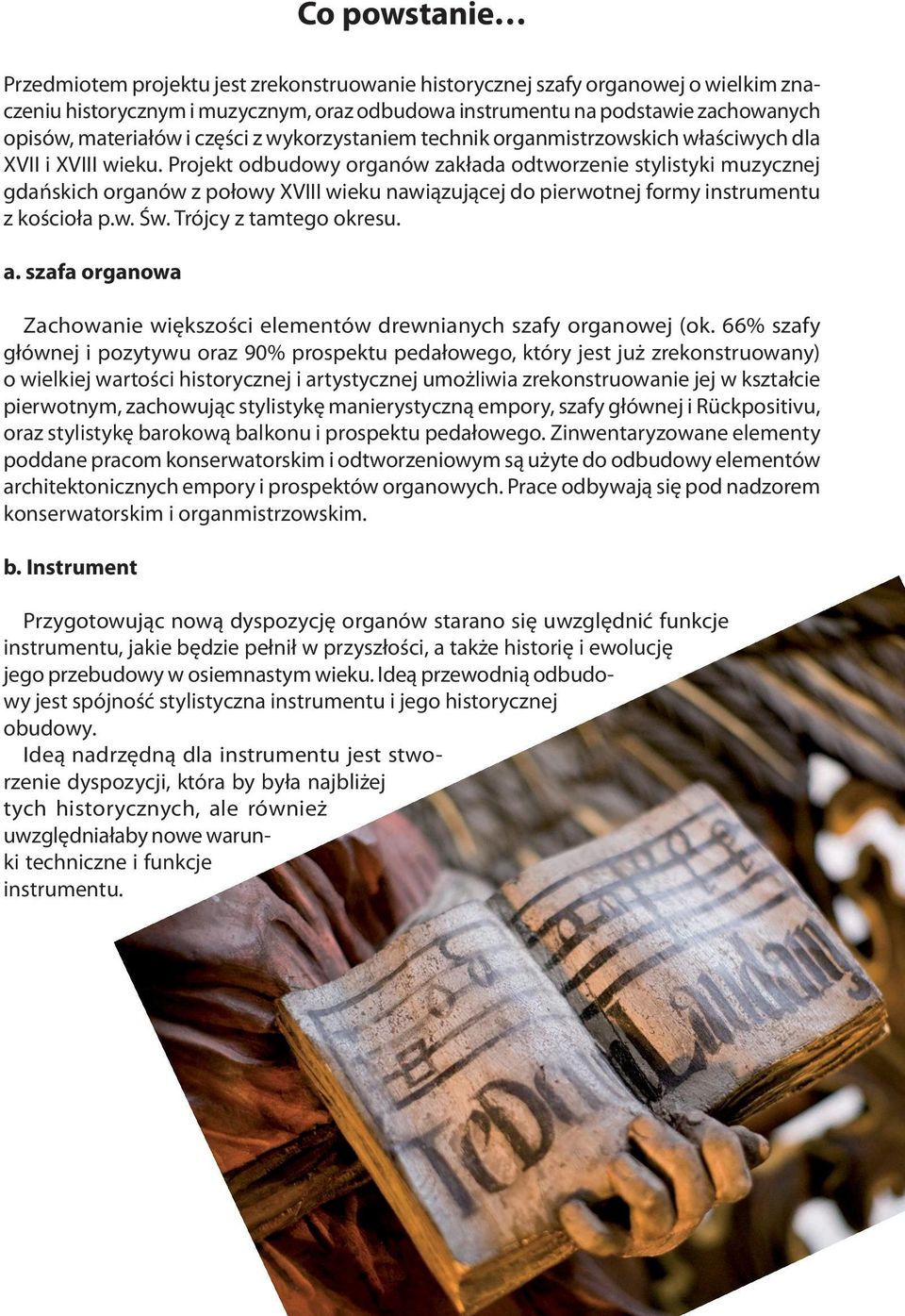 Projekt odbudowy organów zakłada odtworzenie stylistyki muzycznej gdańskich organów z połowy XVIII wieku nawiązującej do pierwotnej formy instrumentu z kościoła p.w. Św. Trójcy z tamtego okresu. a.