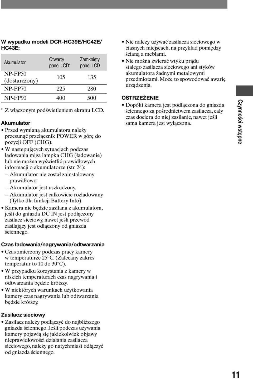 W następujących sytuacjach podczas ładowania miga lampka CHG (ładowanie) lub nie można wyświetlić prawidłowych informacji o akumulatorze (str. 24): Akumulator nie został zainstalowany prawidłowo.