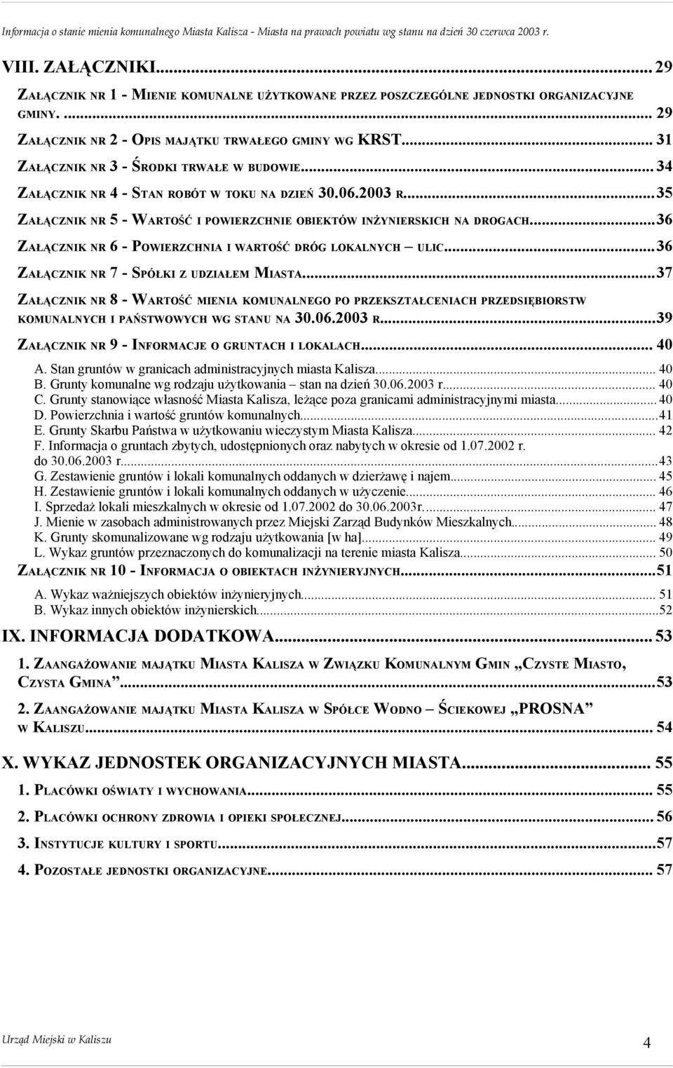 ..36 ZAŁĄCZNIK NR 6 - POWIERZCHNIA I WARTOŚĆ DRÓG LOKALNYCH ULIC...36 ZAŁĄCZNIK NR 7 - SPÓŁKI Z UDZIAŁEM MIASTA.