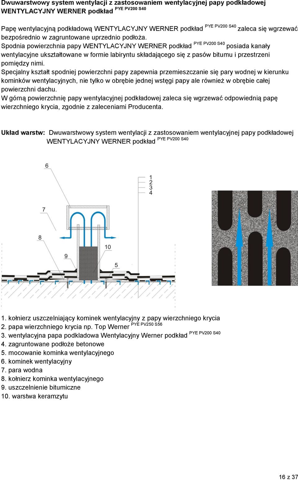 Spodnia powierzchnia papy WENTYLACYJNY WERNER podkład PYE PV200 S40 posiada kanały wentylacyjne ukształtowane w formie labiryntu składającego się z pasów bitumu i przestrzeni pomiędzy nimi.