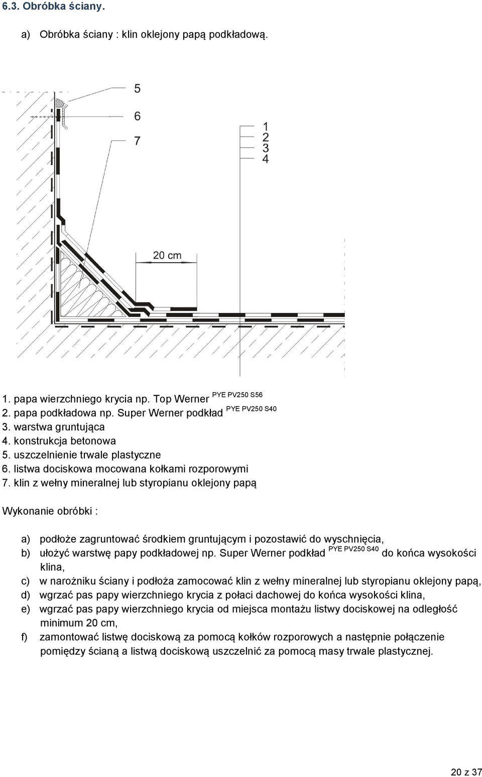 klin z wełny mineralnej lub styropianu oklejony papą Wykonanie obróbki : PYE PV250 S40 a) podłoże zagruntować środkiem gruntującym i pozostawić do wyschnięcia, b) ułożyć warstwę papy podkładowej np.