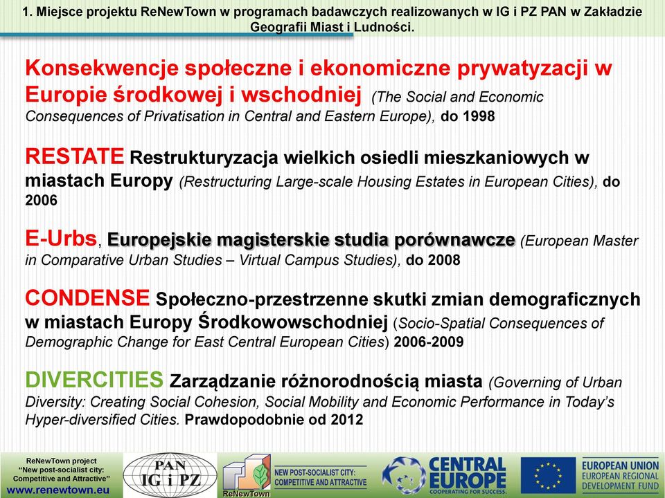 Cities), do 2006 E-Urbs, Europejskie magisterskie studia porównawcze (European Master in Comparative Urban Studies Virtual Campus Studies), do 2008 CONDENSE Społeczno-przestrzenne skutki zmian