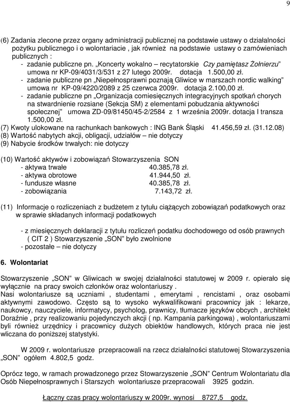 - zadanie publiczne pn Niepełnosprawni poznają Gliwice w marszach nordic walking umowa nr KP-09/4220/2089 z 25 czerwca 2009r. dotacja 2.100,00 zł.