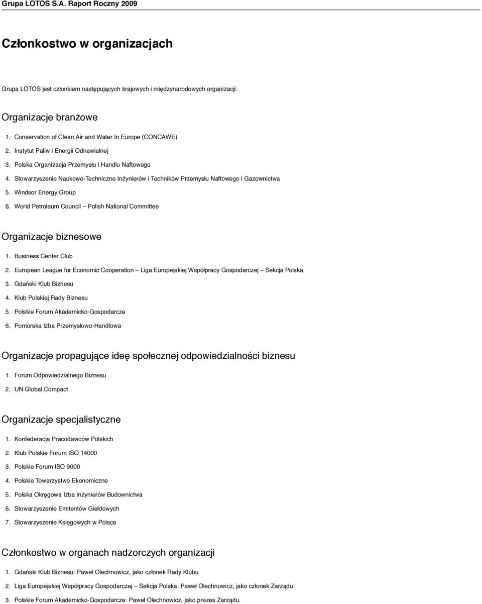 Stowarzyszenie Naukowo-Techniczne Inżynierów i Techników Przemysłu Naftowego i Gazownictwa 5. Windsor Energy Group 6. World Petroleum Council Polish National Committee Organizacje biznesowe 1.