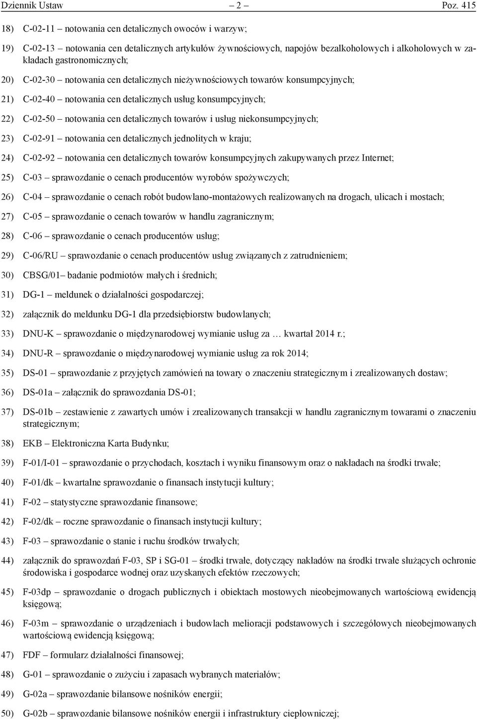 C-02-30 notowania cen detalicznych nieżywnościowych towarów konsumpcyjnych; 21) C-02-40 notowania cen detalicznych usług konsumpcyjnych; 22) C-02-50 notowania cen detalicznych towarów i usług