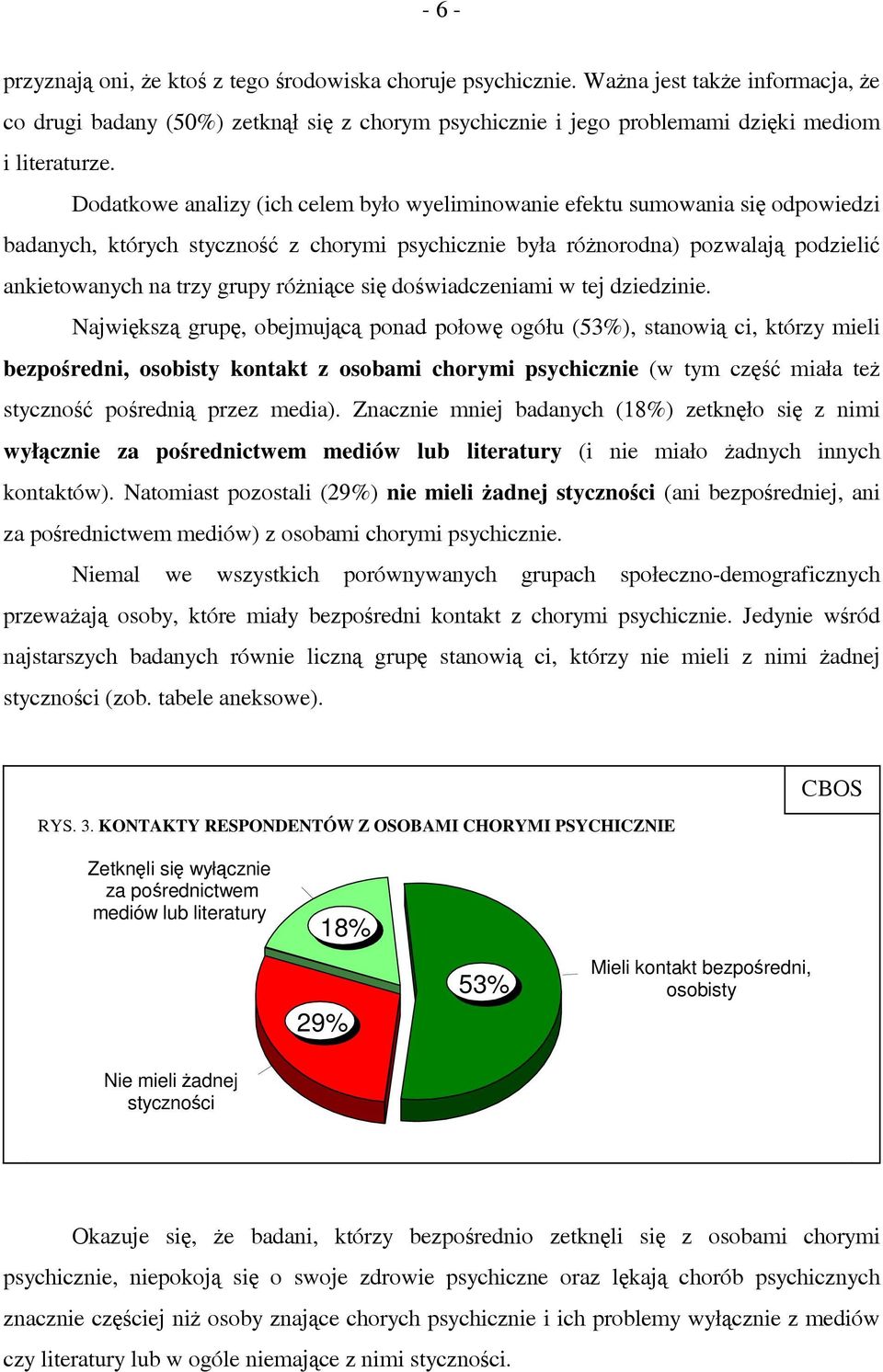 Dodatkowe analizy (ich celem było wyeliminowanie efektu sumowania się odpowiedzi badanych, których styczność z chorymi psychicznie była różnorodna) pozwalają podzielić ankietowanych na trzy grupy