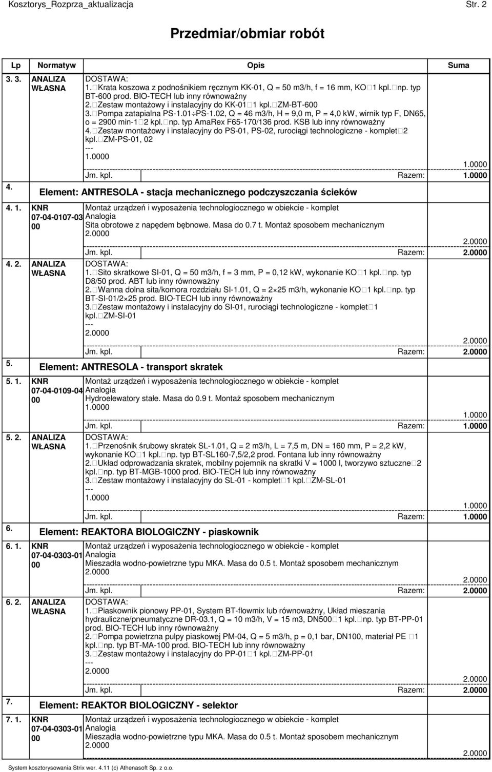 typ AmaRex F65-170/136 prod. KSB lub inny równowaŝny 4. Zestaw montaŝowy i instalacyjny do PS-01, PS-02, rurociągi technologiczne - komplet 2 kpl.