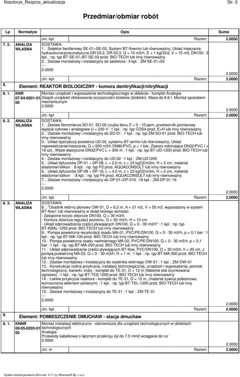 2. ANALIZA 8. 3. ANALIZA 9. 9. 1. KNNR Zespół urządzeń zblokowanej oczyszczalni ścieków (biobloki). Masa do 8.6 t. MontaŜ sposobem mechanicznym Jm. kpl. Razem: 1.