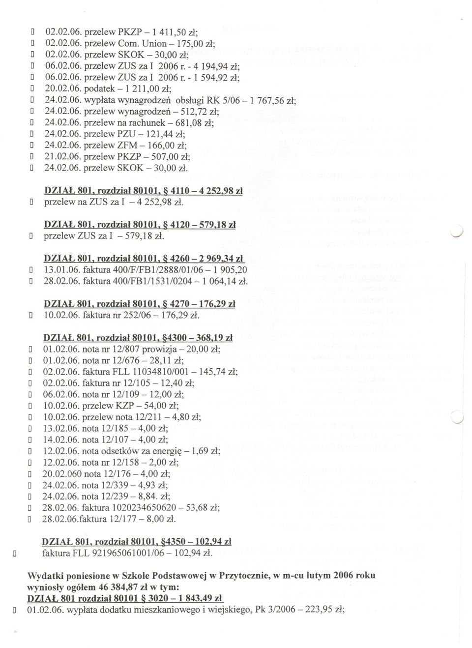 02.06. przelew ZFM - 166,00 ; O 21.02.06. przelew PKZP - 507,00 ; O 24.02.06. przelew SKOK - 30,00. O ZIAL 801. rozdzial 80101. 4110-4252.98 przelew na ZUS za I - 4 252,98. ZIAL 801. rozdzial 80101. 4120-579.