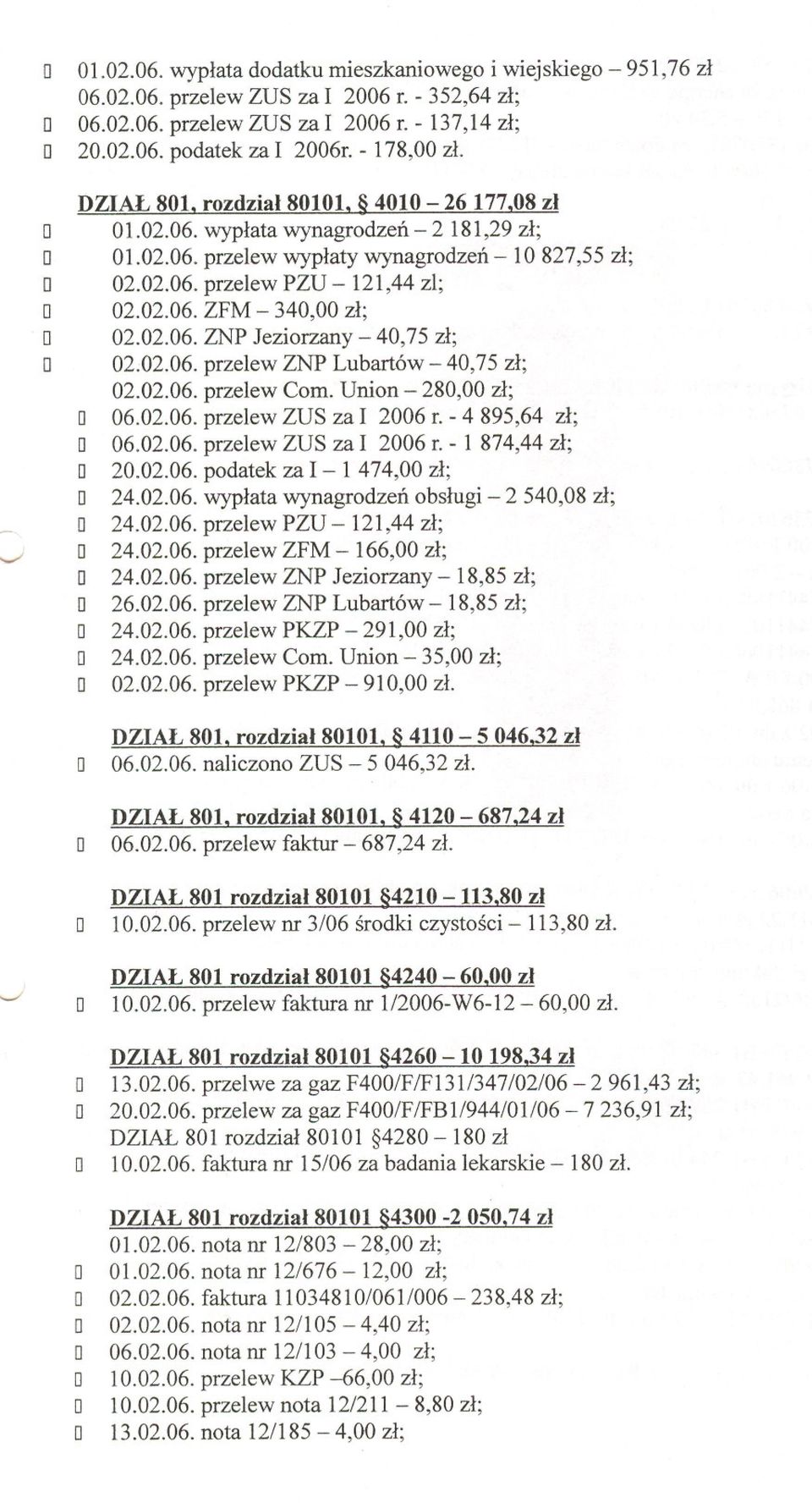 06. przelew ZNP Lubartów - 40,75 ; 02.02.06. przelew Com. Union - 280,00 ; 06.02.06. przelew ZUS za I 2006 r. - 4 895,64 ; 06.02.06. przelew ZUS za I 2006 r. - 1 874,44 ; 20.02.06. podatek za I - 1 474,00 ; 24.